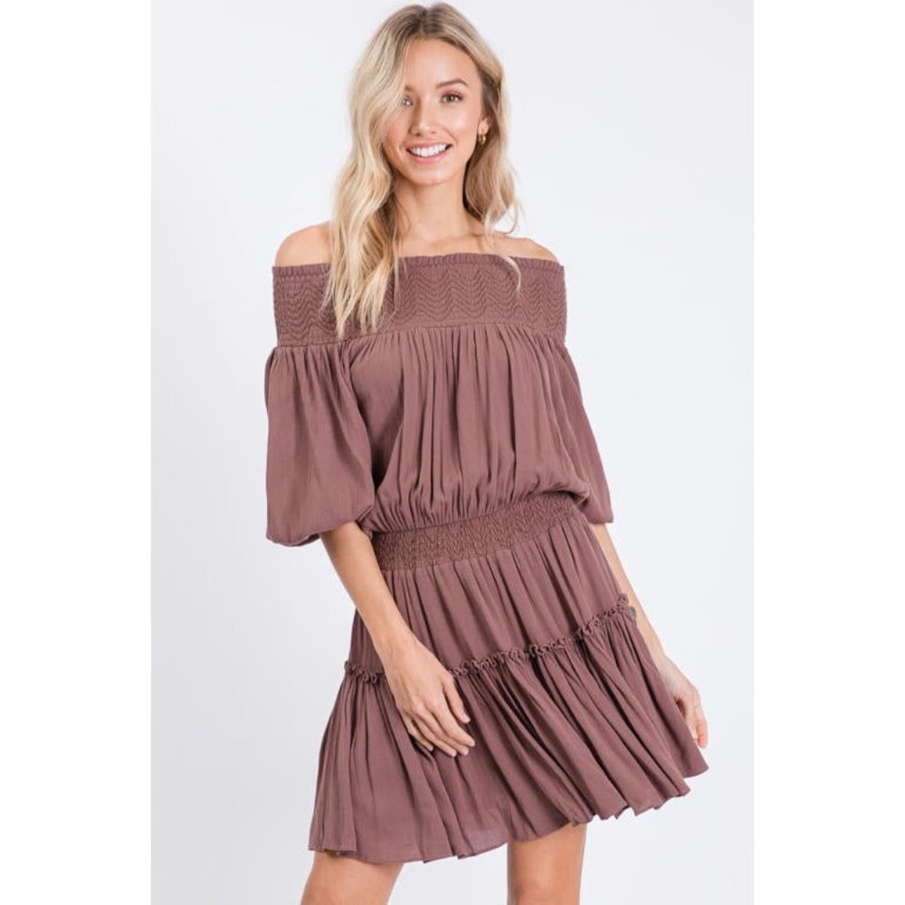 Off-Shoulder brown Mini Dress - Picture 2 of 5